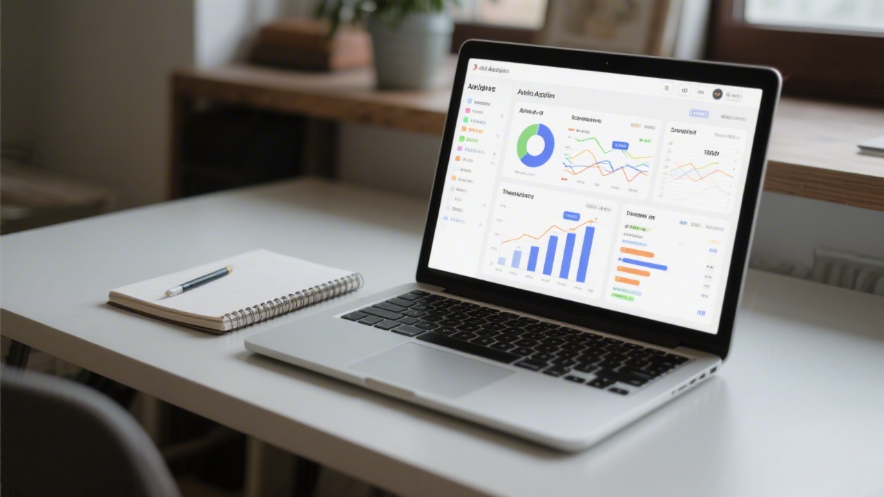 Laptop screen displaying web analytics dashboard with charts and traffic sources, placed on a desk with notebook, representing data-driven learning and measurement.