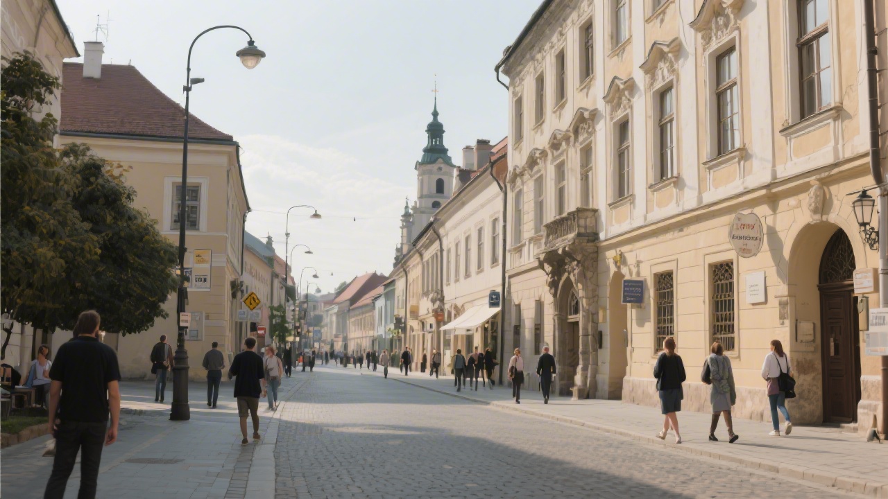 A calm street scene in České Budějovice with historical architecture and pedestrians, showing the local context and regional setting of the academy.