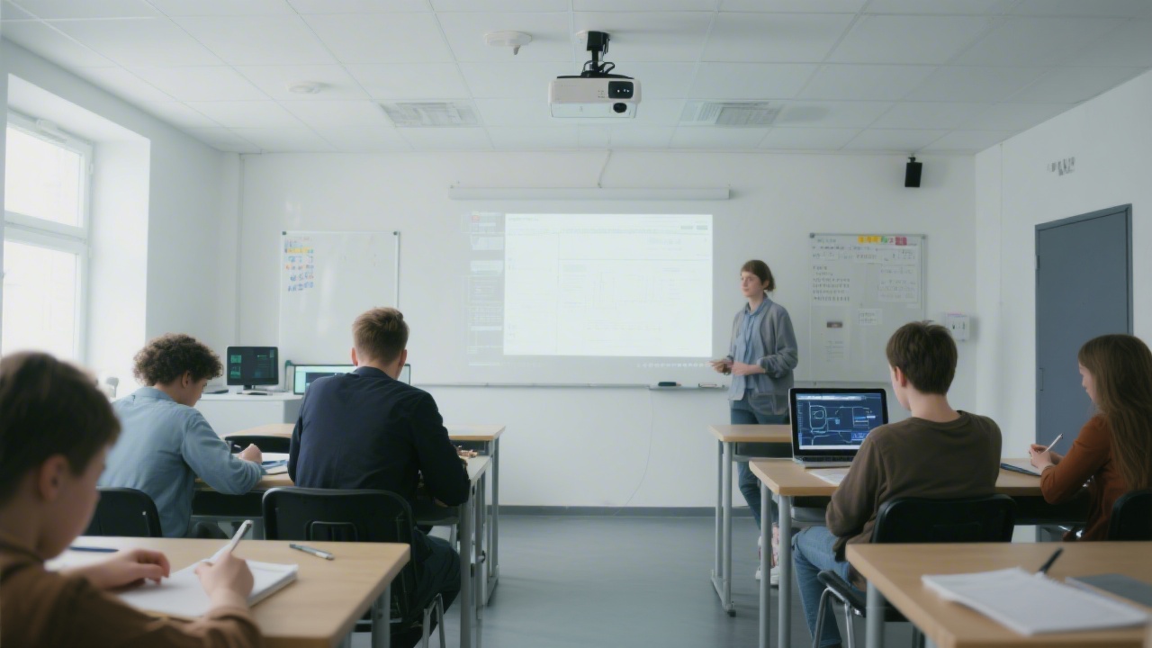 Wide view of a modern classroom with projector, whiteboard and students taking notes, illustrating an educational setting focused on digital skills.