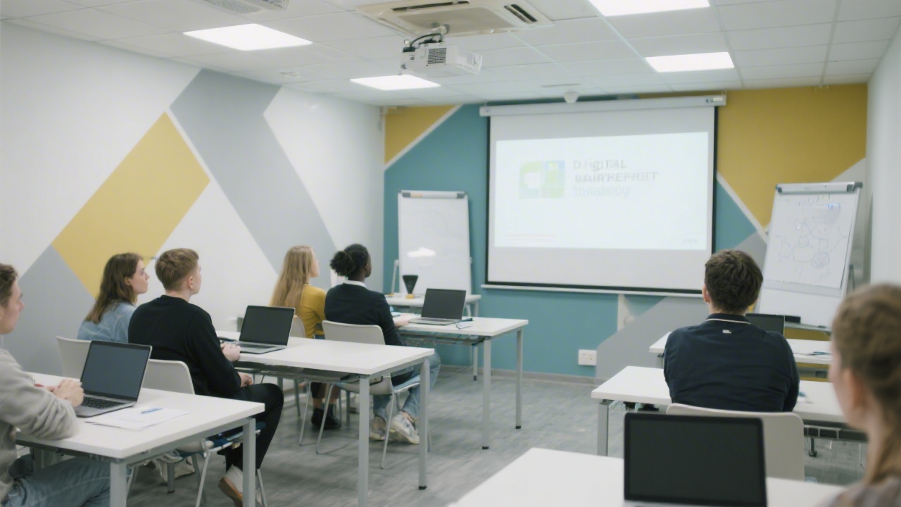 Bright training room with laptops, projector and students listening to a digital marketing lecture, modern interior with neutral colors and clear focus on learning environment.