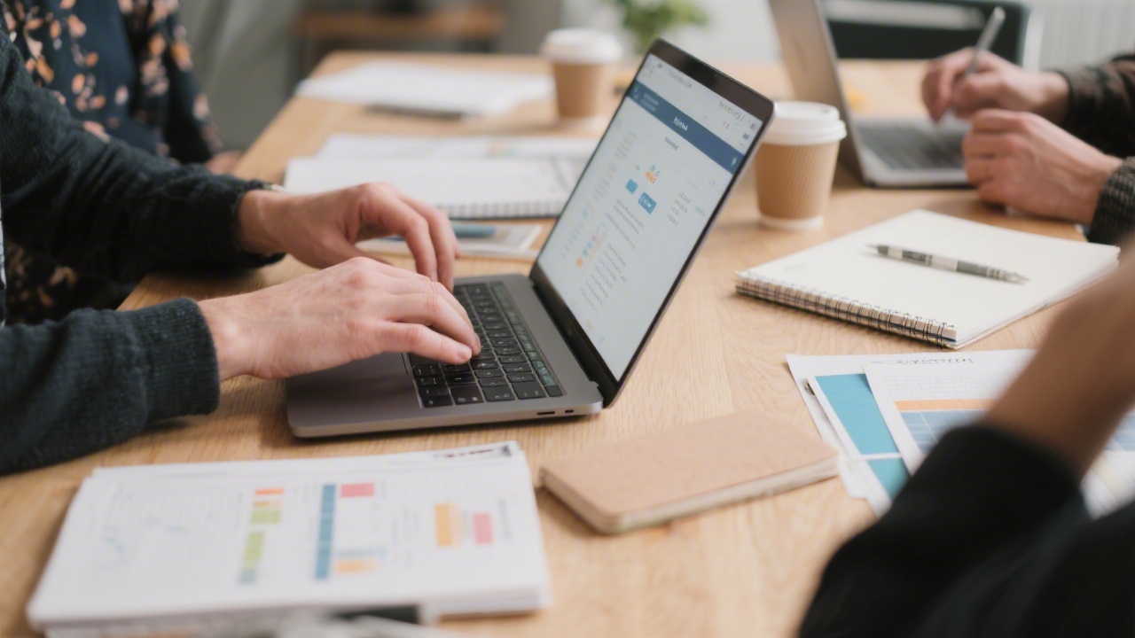 Close-up of hands working on a laptop during a marketing workshop, notebooks and coffee on the table, showing practical tasks and focused learning atmosphere.