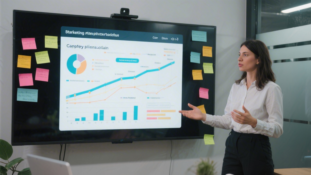 Marketing specialist presenting campaign plan on a large screen, with charts and sticky notes, demonstrating practical course content focused on strategy and planning.