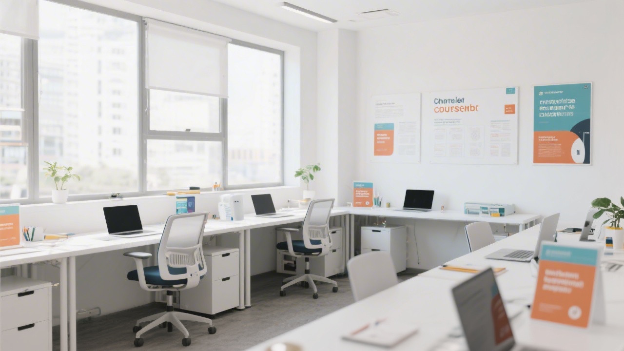 Bright office corner with desks, laptops and marketing materials, demonstrating a clean and modern workspace used for course preparation and workshops.