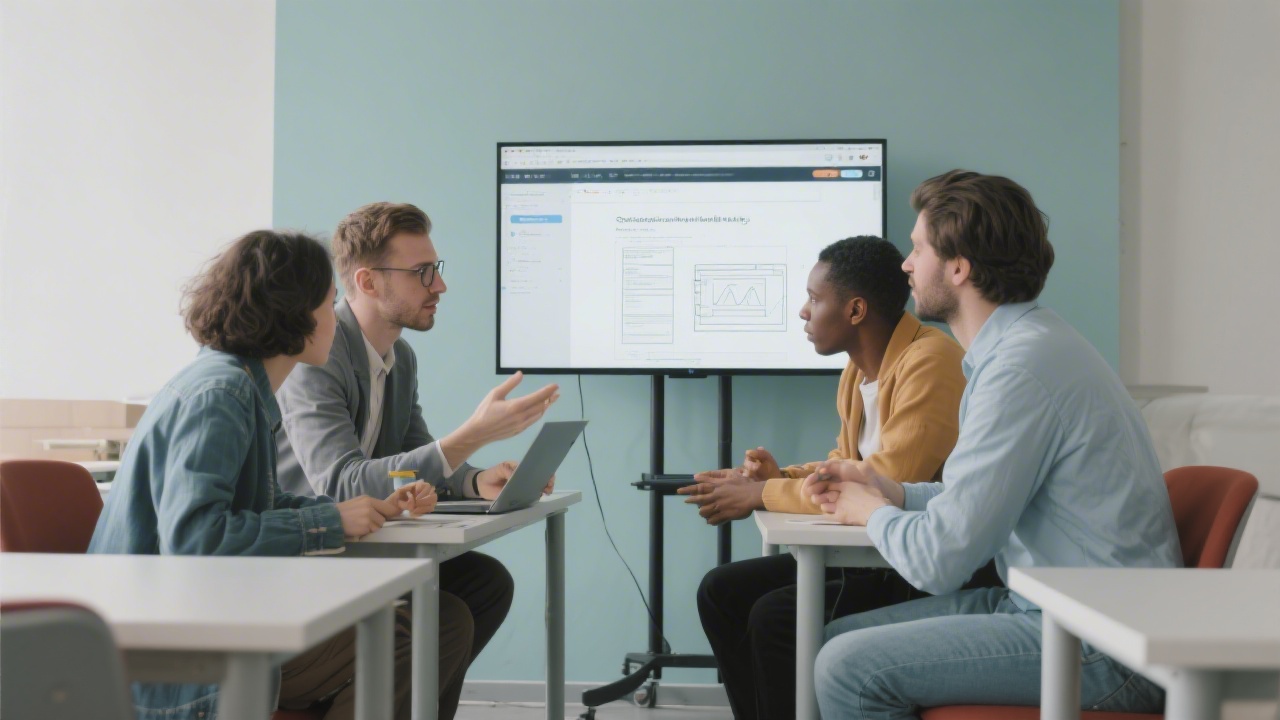 Small group of adult students discussing a website prototype on a screen, collaborative atmosphere in a modern training room with neutral colors and focus.